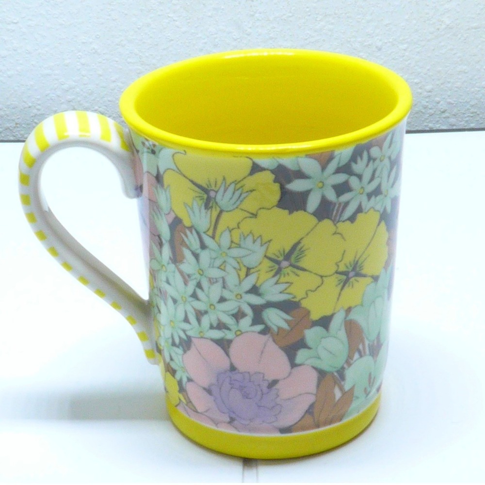 Anthropologie Floral Coffee Mug Yellow Striped Handle Boho Botanical Ceramic Cup - Picture 3 of 5